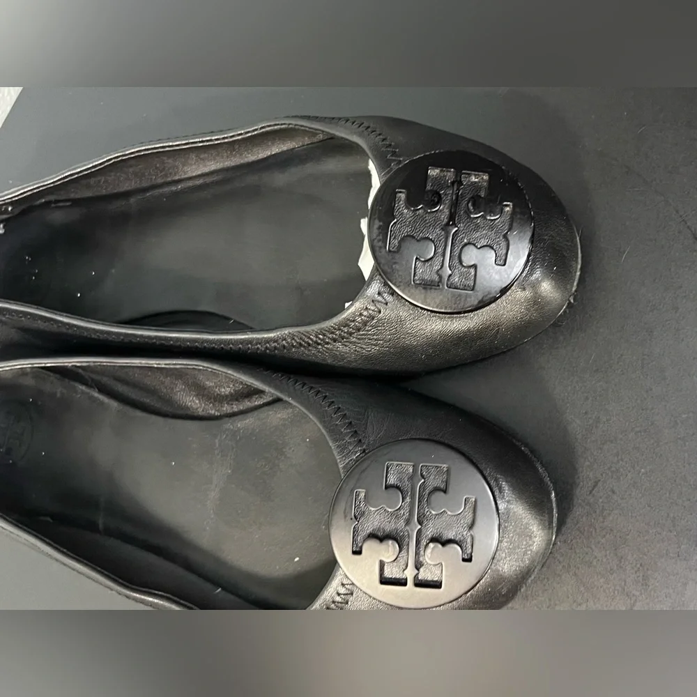 Tory Burch Black Leather Reva Travel Ballet Flats Casual Classic Office Business